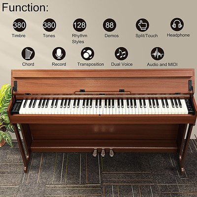 Dark Brown Weighted 88-Key Digital Piano Keyboard with 3-Pedal Stand By Glarry