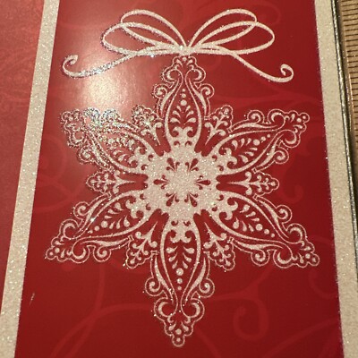 Vtg UNUSED Christmas Card Glitter White Snowflake On Red Money check Size W/Env