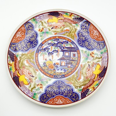 Vtg Eiwa Kinsei Serving Platter 13'' Blue Red Gold House Garden Arita Imari Japan