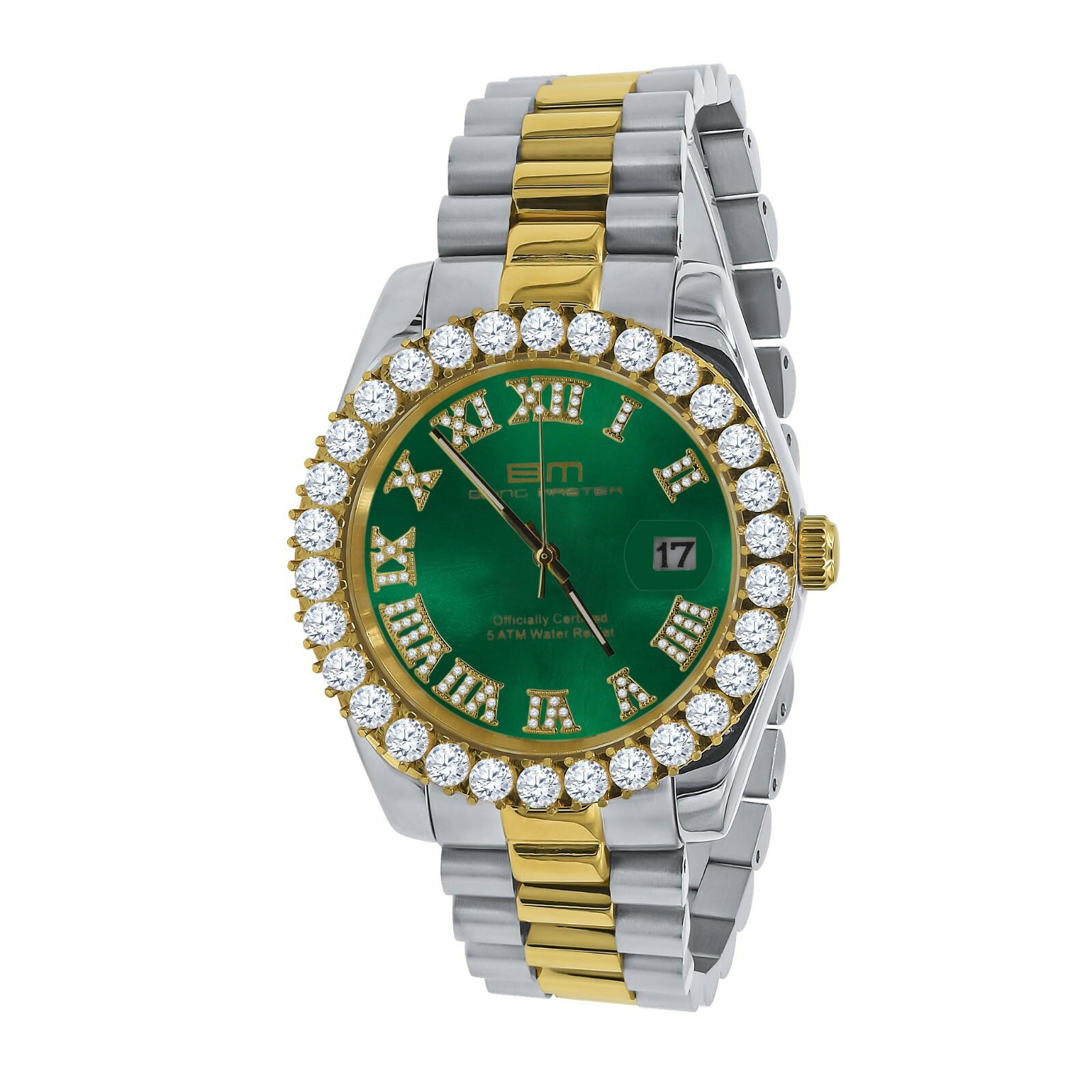 Pre-owned Bling Master - Overlord Solid Steel Green Dial 18k 2 Tone Gold Simulated Diamond Presidential Mens Watch