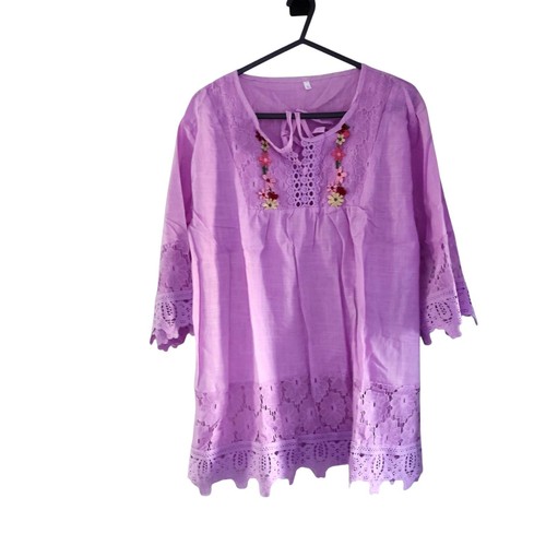 womens blouse purple & multicoloured floral print design tie neck size xl uk