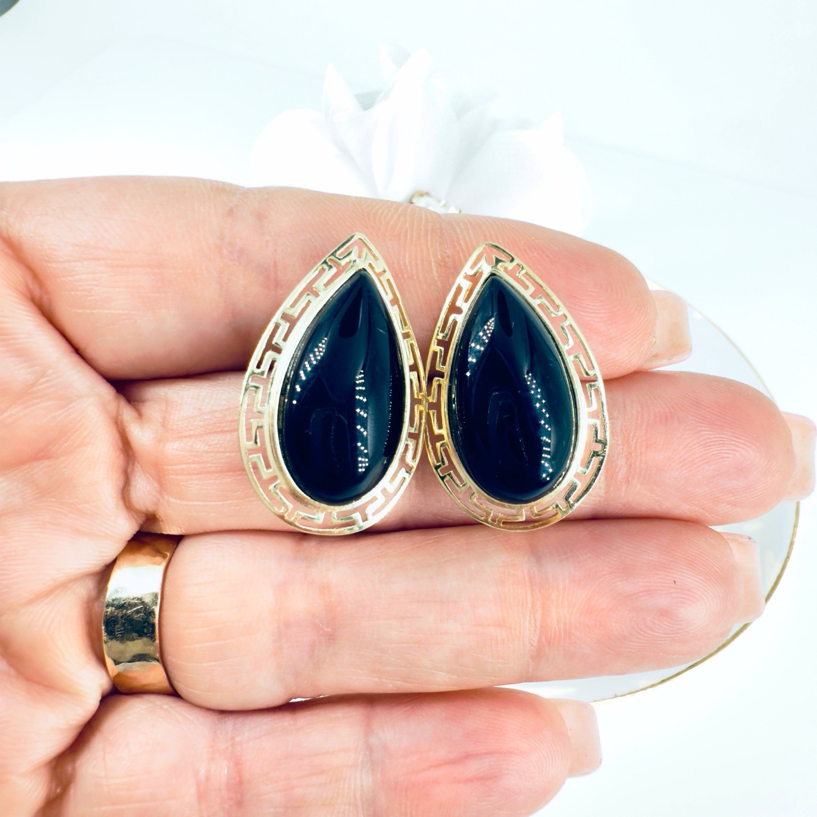 14k Yellow Gold Black Onyx Omega Back Earrings, Preowned - Picture 3 of 12