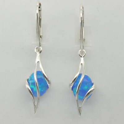 Unique Blue FIRE OPAL Dangle Oval Earrings - 925 STERLING SILVER Leverback #196e