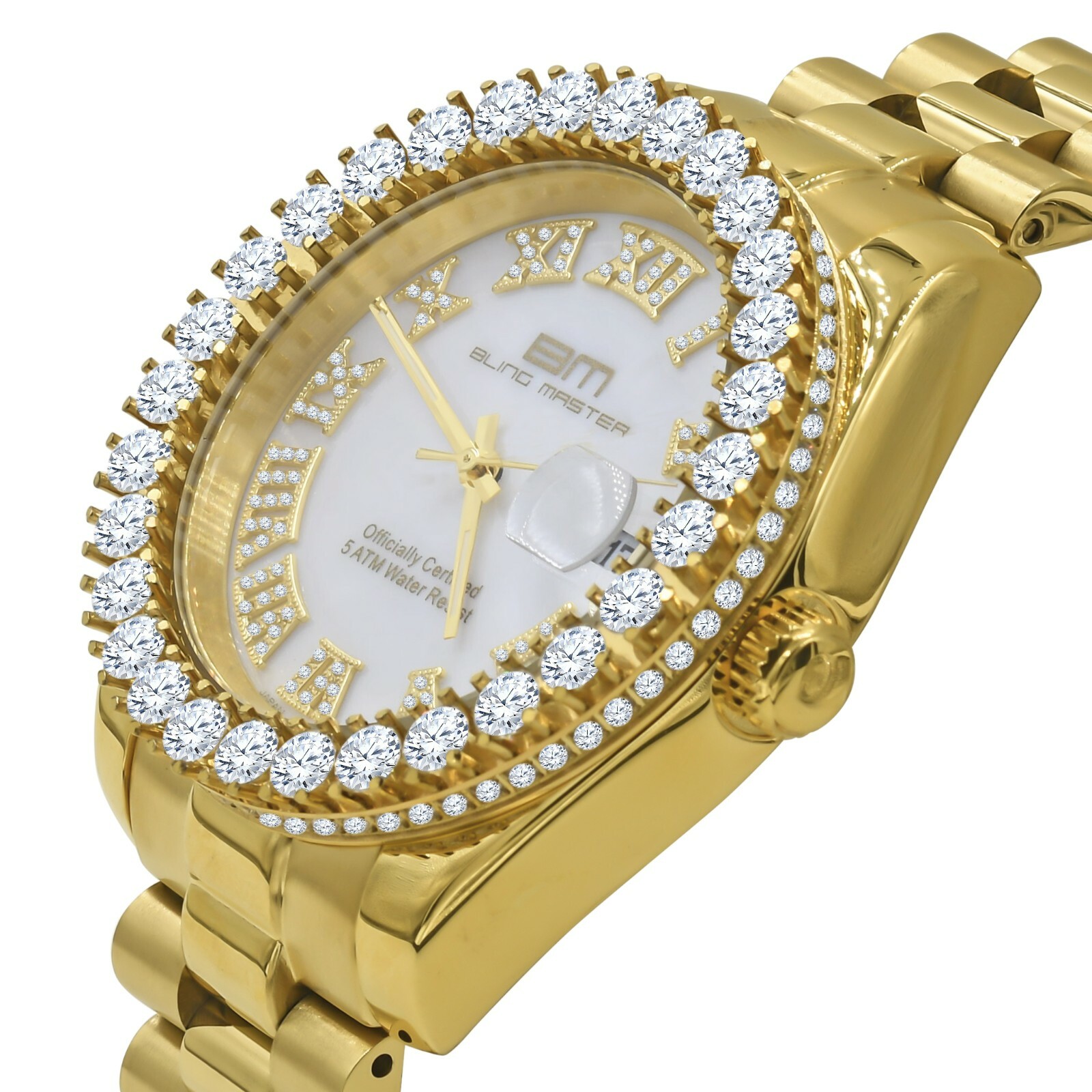 Pre-owned Bling Master Full Steel Gold Tone White Pearl Dial Simulated Diamond Presidential Watch 42mm