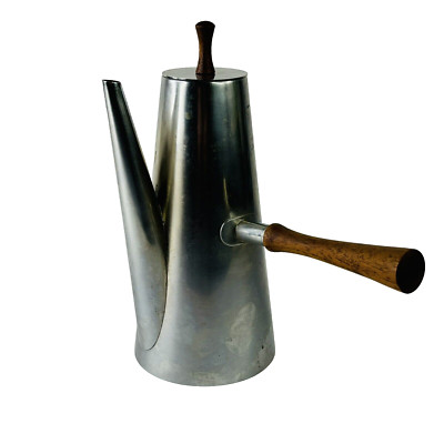 Vintage Italian Coffee Pot Server Stainless Wood Side and Top of Lid