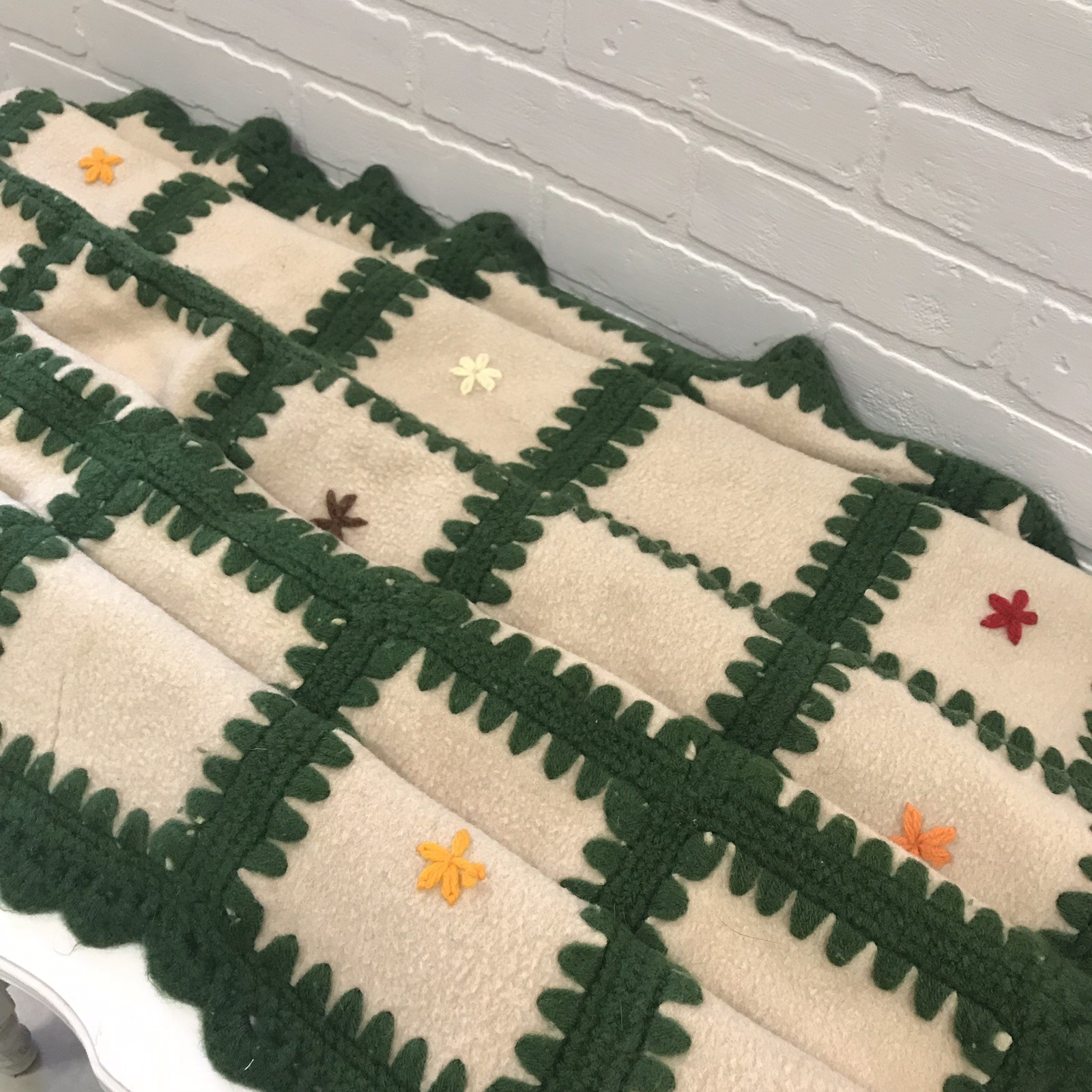 Vintage Hand Crocheted Patchwork Afghan Blanket Throw Wool Cream Green