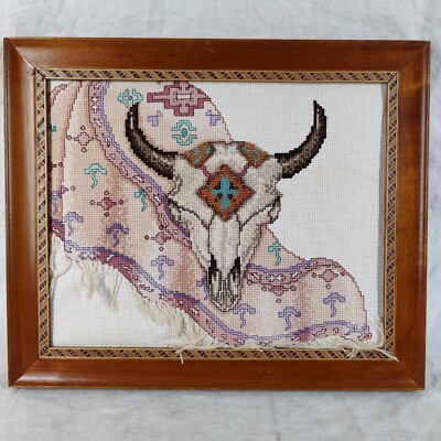 Southwestern Cow Skull Framed Hand Embroidered Cross Stitch Crewel 12'' x 10''