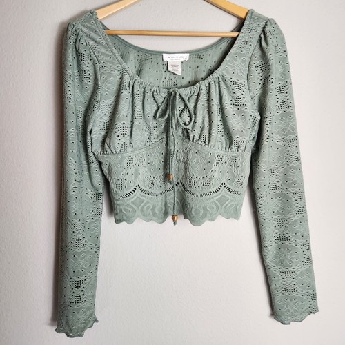 【MOODMOON】Eyelet lace Yoru Cotton Long Sleeve One Piece Kirious Los Angeles Womens Sage Green Long Sleeve Eyelet
