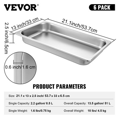 VEVOR 6 Pack 2.5" Deep Stainless Steel Steam Table Pans Hotel Food Prep Pan
