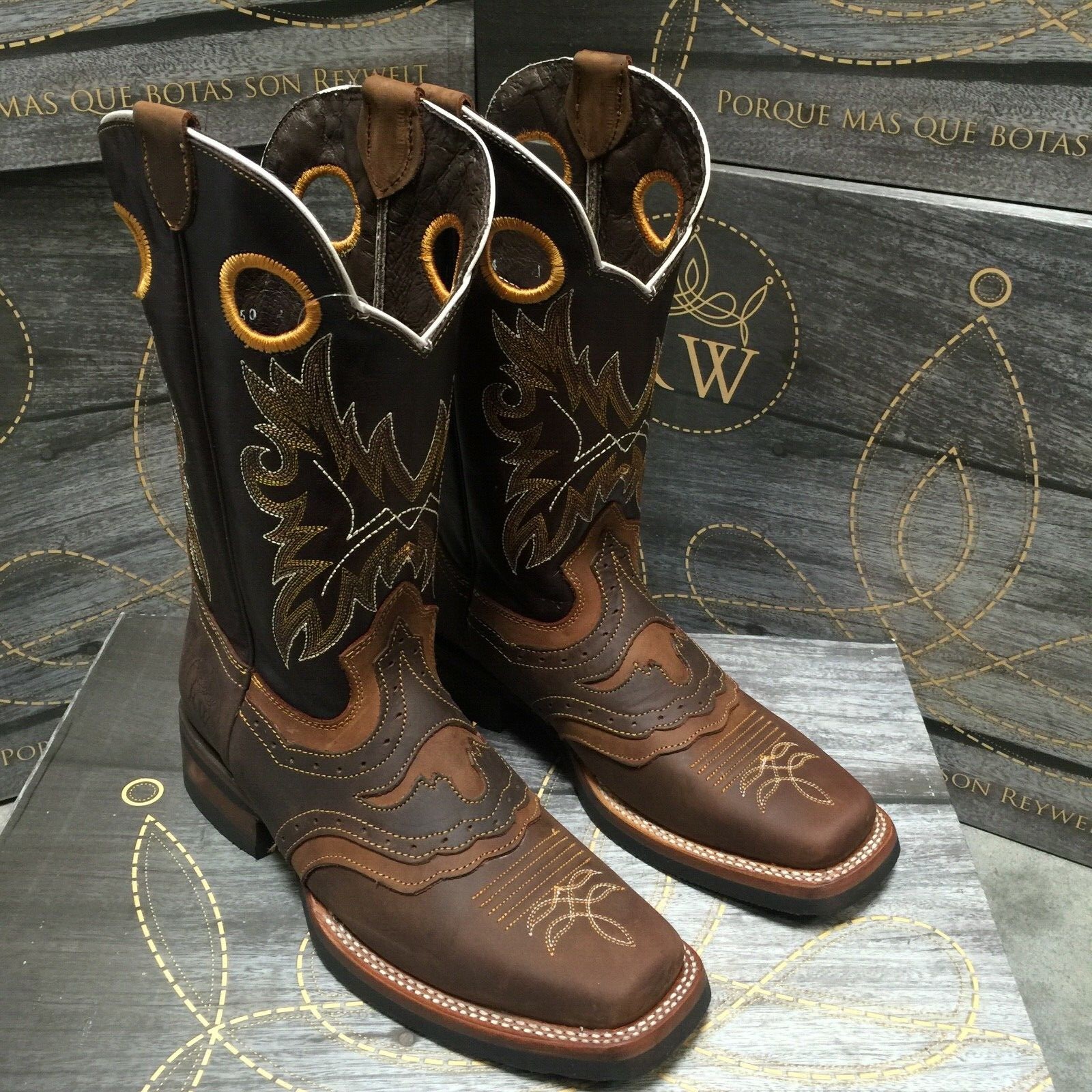MEN'S RODEO COWBOY BOOTS GENUINE LEATHER WESTERN SQUARE TOE BOOTS BROWN BOTAS