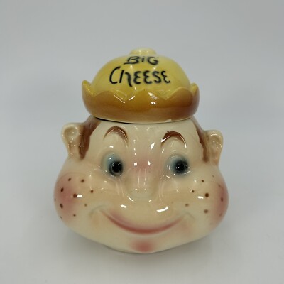 Vintage American Bisque Freckle Face Boy Big Cheese Condiment Jar & Lid