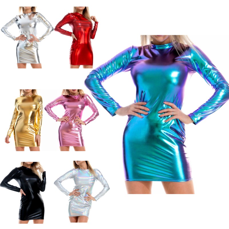 Sexy Women's Shiny Long Sleeve Bodycon Mini Dress Slim Fit Pencil Dress Clubwear