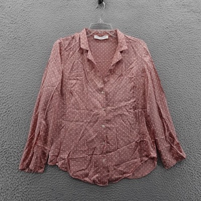 Amanda Uprichard Polka Dot Silk Blouse Medium Pink Women Casual Button Front