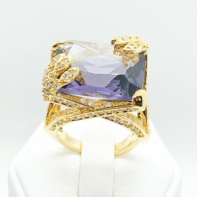 R3844-4 Women Fashion Jewelry White Yellow Gold Plated CZ Amethyst Cocktail Ring