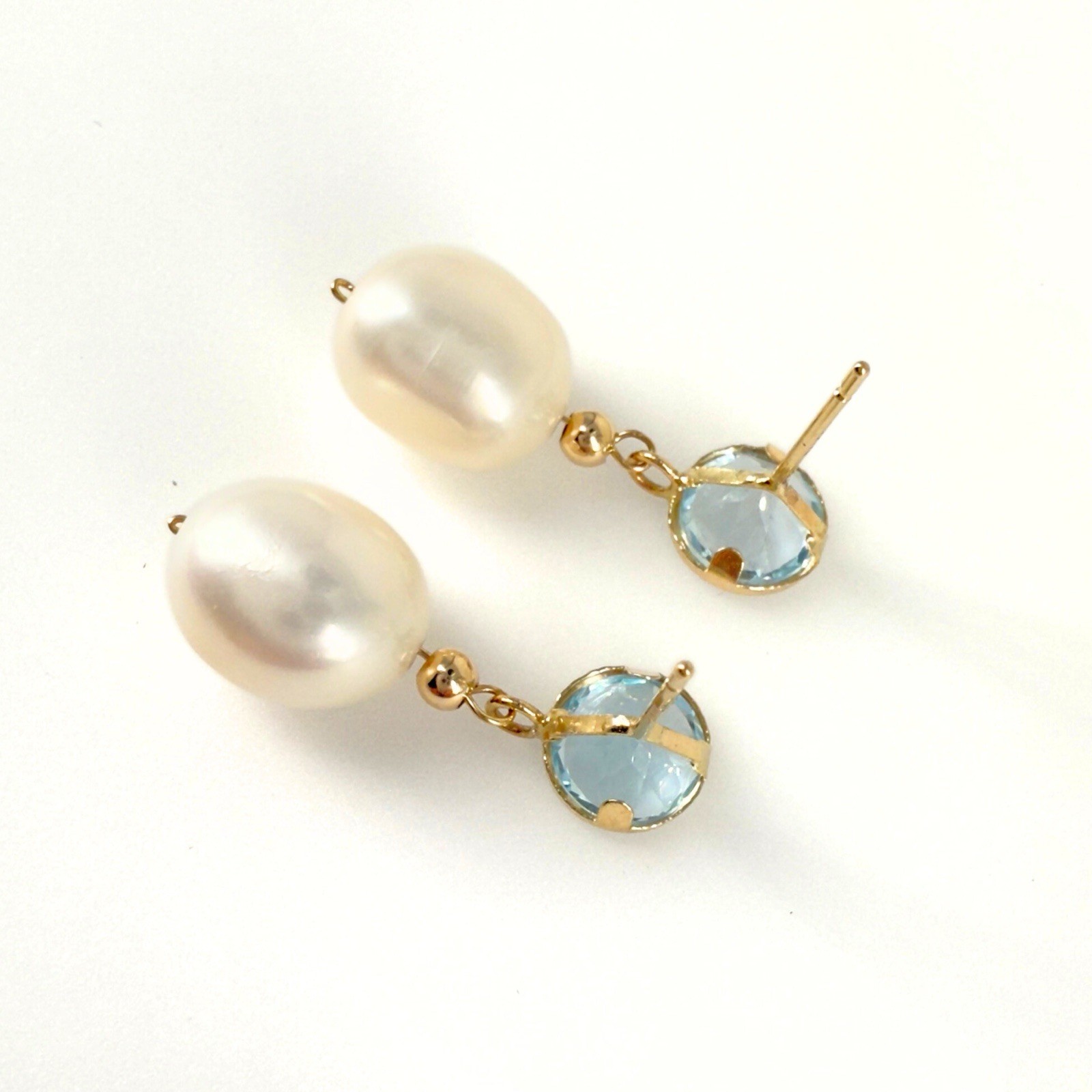 14k Yellow Gold Sky Blue Topaz & Genuine Cultured Pearl Dangle/Drop Earrings - Picture 4 of 8