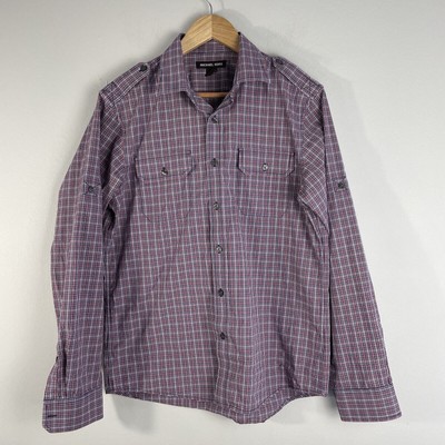 Michael Kors Mens Size M Button Up Shirt Red Plaid Chest Pockets Roll Tab Option