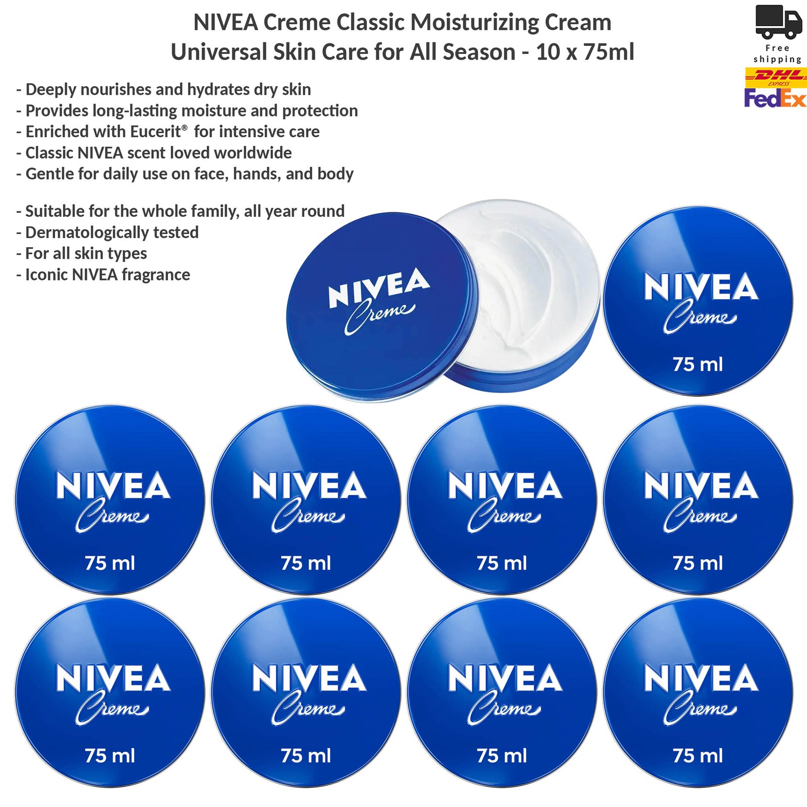 NIVEA Creme Classic All-Purpose Moisturizing Cream for Face Body & Hands 10x75ml