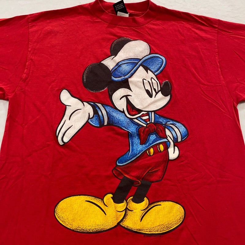 トップス 90s MICKEY&CO \"PIE CUT MICKEY\" SIZE:XXL Vintage Disney Mickey & Co. Mickey Mouse Red Shirt 90s Sz XL