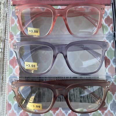 MAXSTUDIO +3.00 WOMEN'S PREMIUM READING GLASSES 3-PACK READERS NEW AUTHENTIC