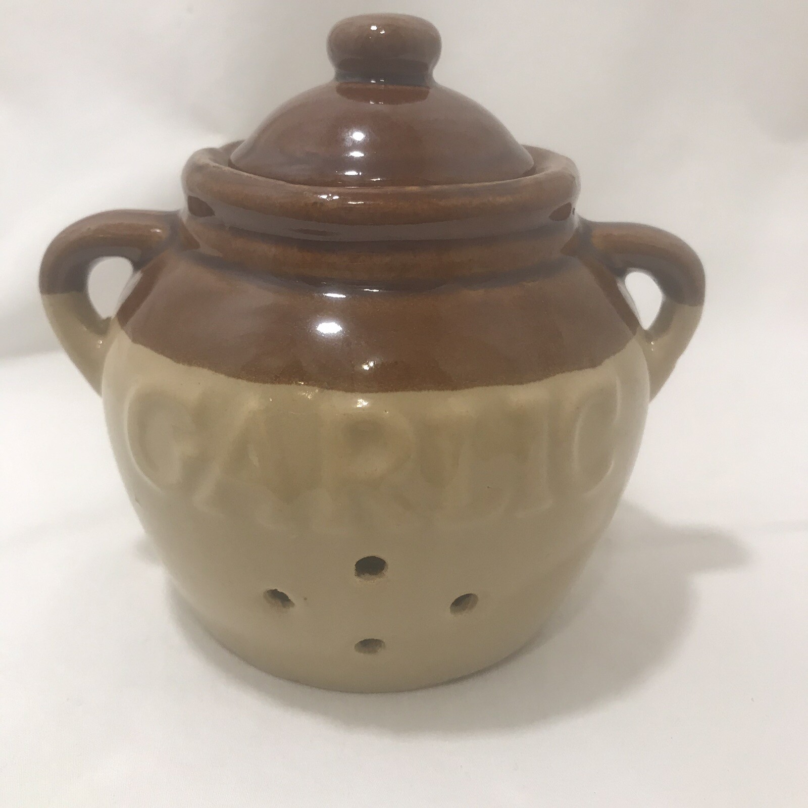 Garlic Storage  Keeper Jar Brown Crock With Lid Stoneware