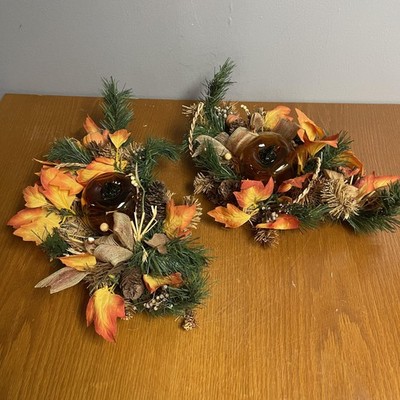 Fall Glass Pumpkin Centerpiece Decor Set of 2 Autumn Pinecone Leaf Rustic Table