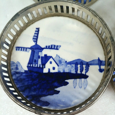 6 Antique Delft Blue Windmill and House Coasters Porcelain/Metal