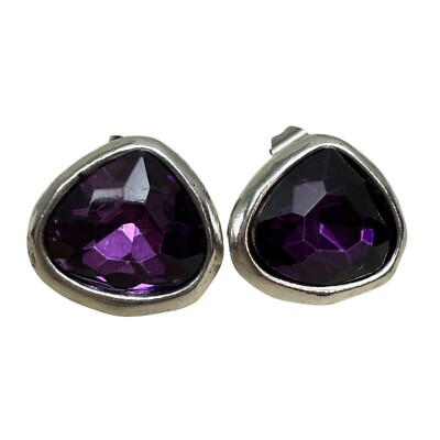Amethyst Purple Faceted Stone Silver Tone Earrings Minimalist Jewelry 1/2 in
