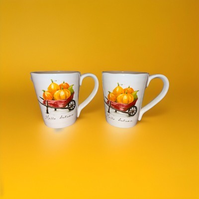 Pier 1 Ironstone Hello Autumn Pumpkin Coffee Mug Set Of 2 + FREE BONUS