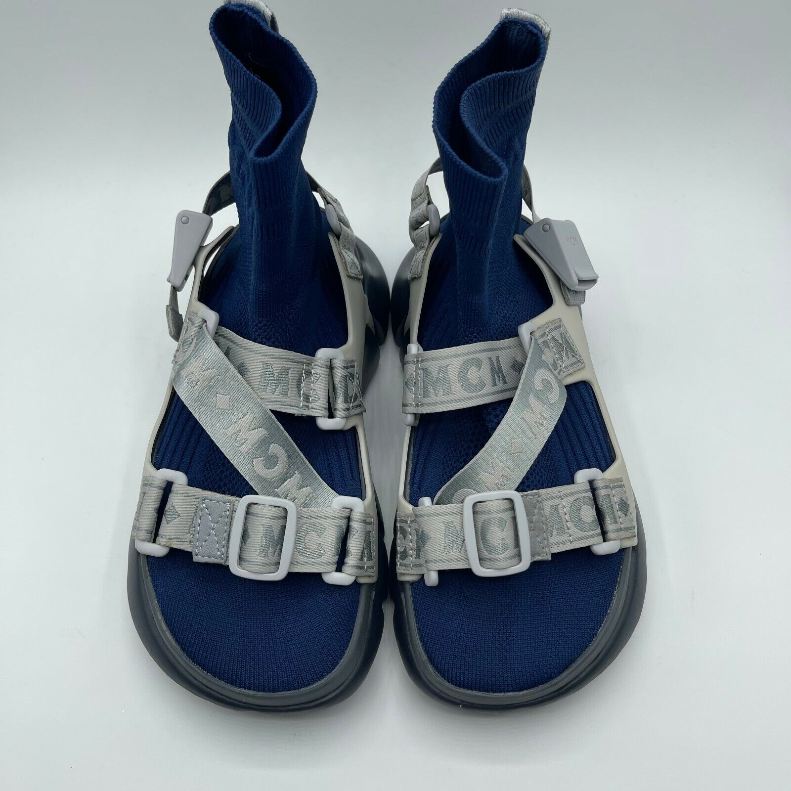 Pre-owned Mcm $770  Women's Navy Blue Elastic Sandal W/gray  Straps 36/us 6 Mes9snx01va