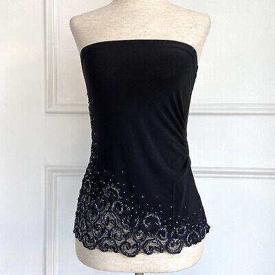 Amanda Adams Couture Strapless Top Sz Small Hand Beaded Lace Black Embroidered
