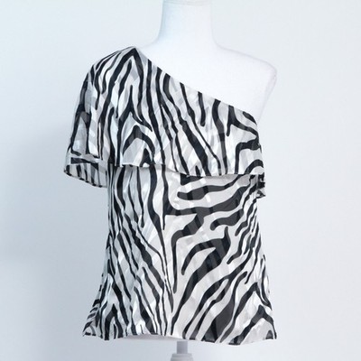 White House Black Market Women's Zebra Print Ruffled One-Shoulder Top Size 2