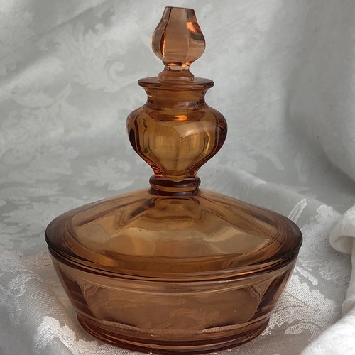 Fostoria Antique Amber Glass Perfume Bottle Powder Dish Stopper Combo Circa 1940