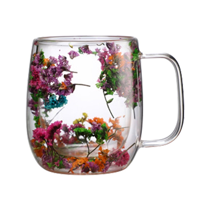 Dried Flowers Glass Beverage Coffee Tea Cup Double Wall Dried Flower Cup Mug