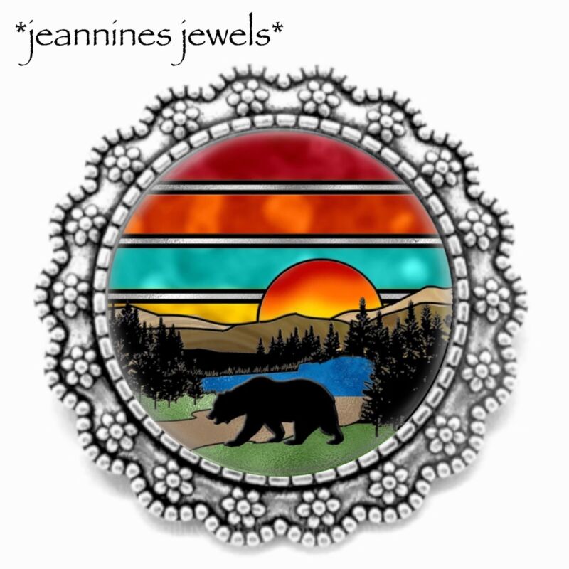Black BEAR Silver Brooch Pin Sunset FAUX Stained Glass ART PRINT Jacket Pin