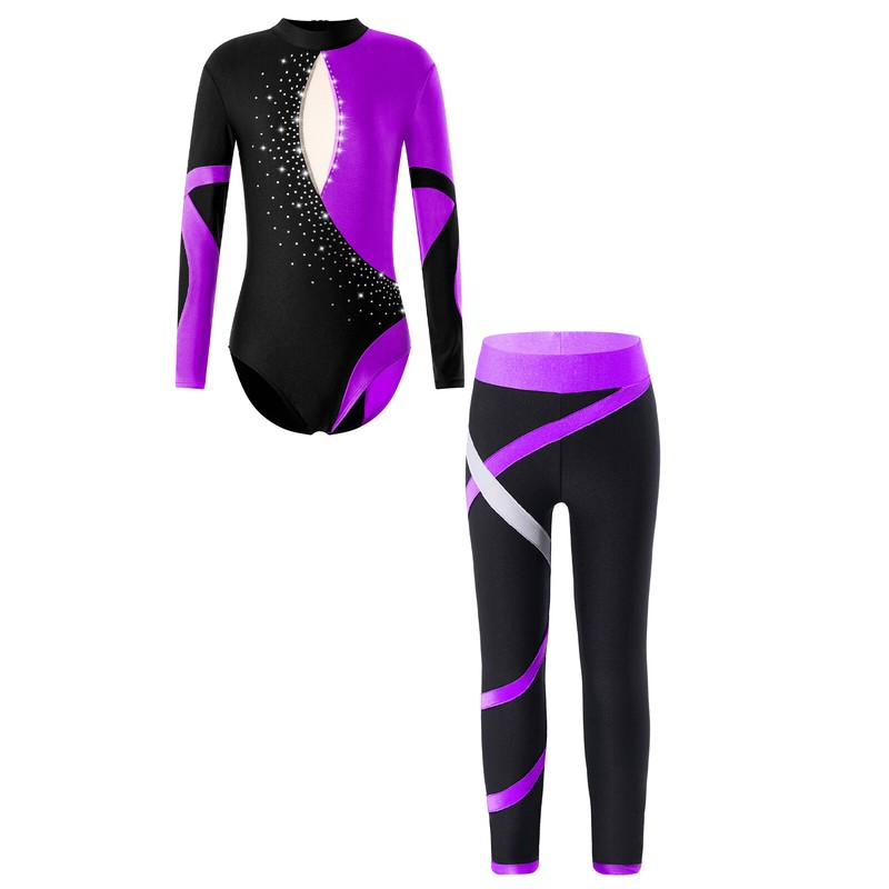 Kids Girl's Dance Outfit Athletic Leotard With Pants Competition Jumpsuit  Gym