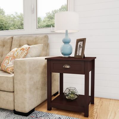 End Table With Drawer- Brown Sofa Side Table With Storage Shelf- Classic Shaker