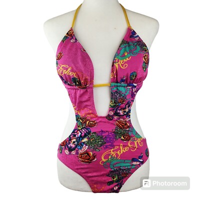 ECKO RED Ladies 1 Piece Swim Suit Sz Small Summer Cruise Pink Backless Polyester