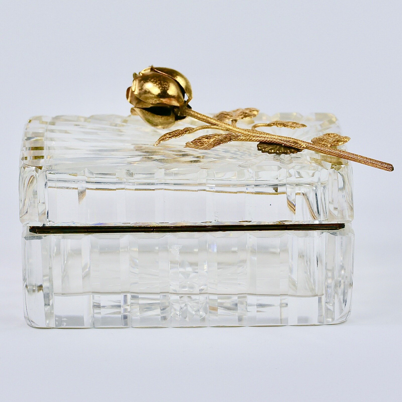 Vintage French cut lead clear Crystal hinged trinket or jewelry BOX ormolu Rose