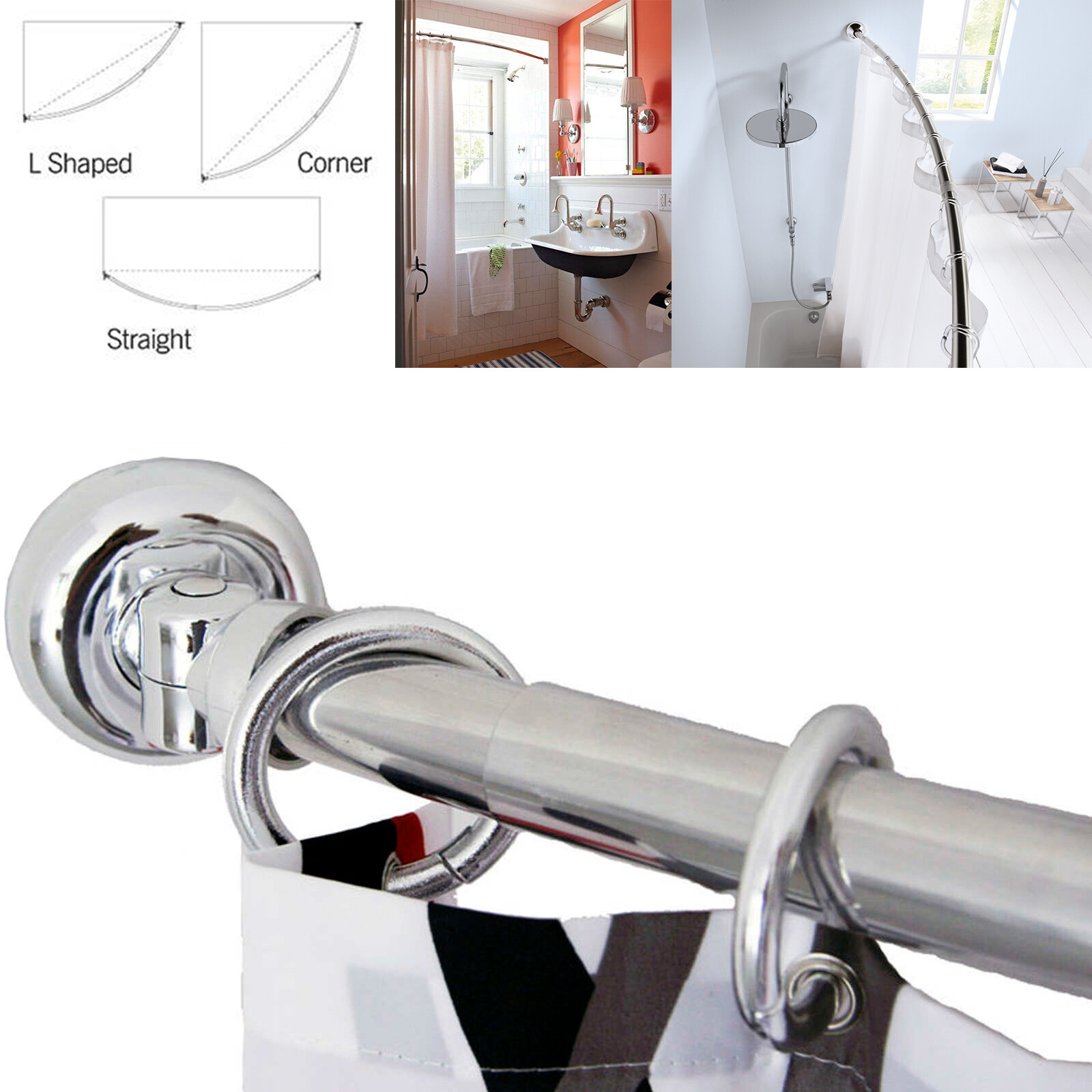 Telescopic Extendable Curved Rail Bath Shower Curtain Pole Rod Length 118190cm eBay
