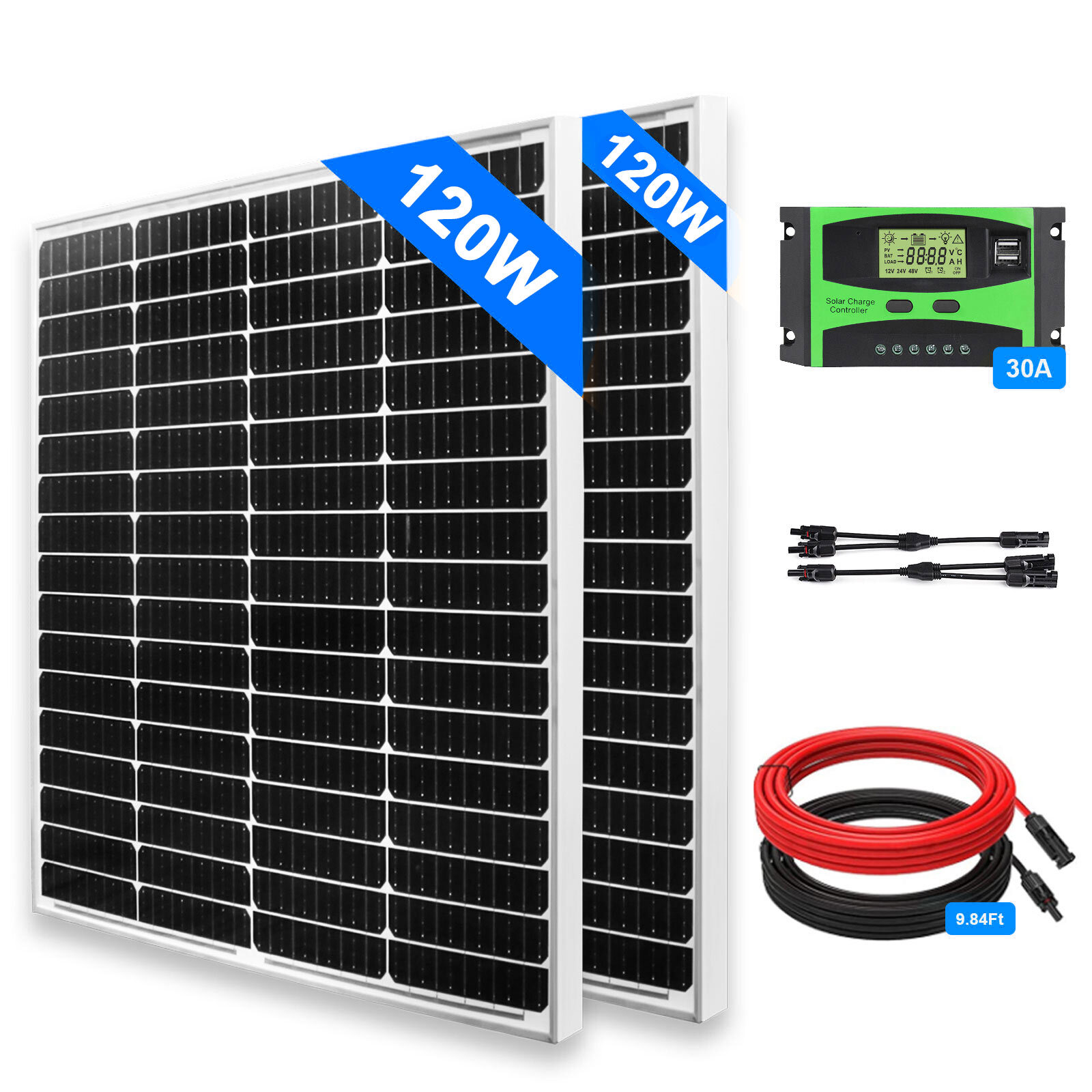 240W 12V Solar Panel Kit With 30A PWM Charge Controller RV Camper Caravan 120W×2