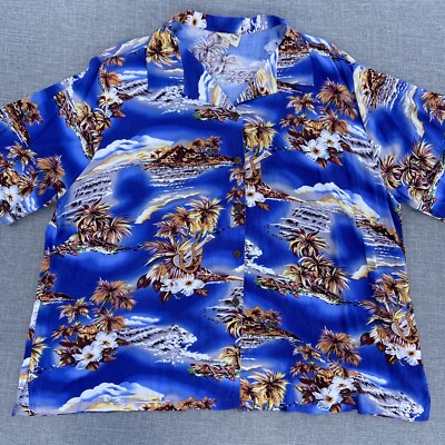 Hilo Hattie Original Shirt 3XL Blue Palm Trees Ukulele Hibiscus Mens Button Up
