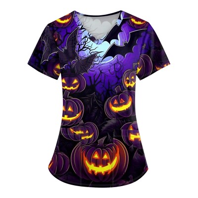 Womens Halloween Printed Scrub Tops Workwear Short Sleeve V Neck Uniform Shirts