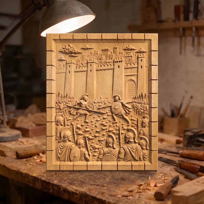 Achilles Fights Hector of Troy Wooden Carving Bas Relief | Wood Panel Art Gift 