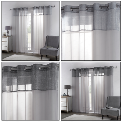 Sparkle Glitter Shimmer Voile Net Curtains Panel Eyelet Ring Top
