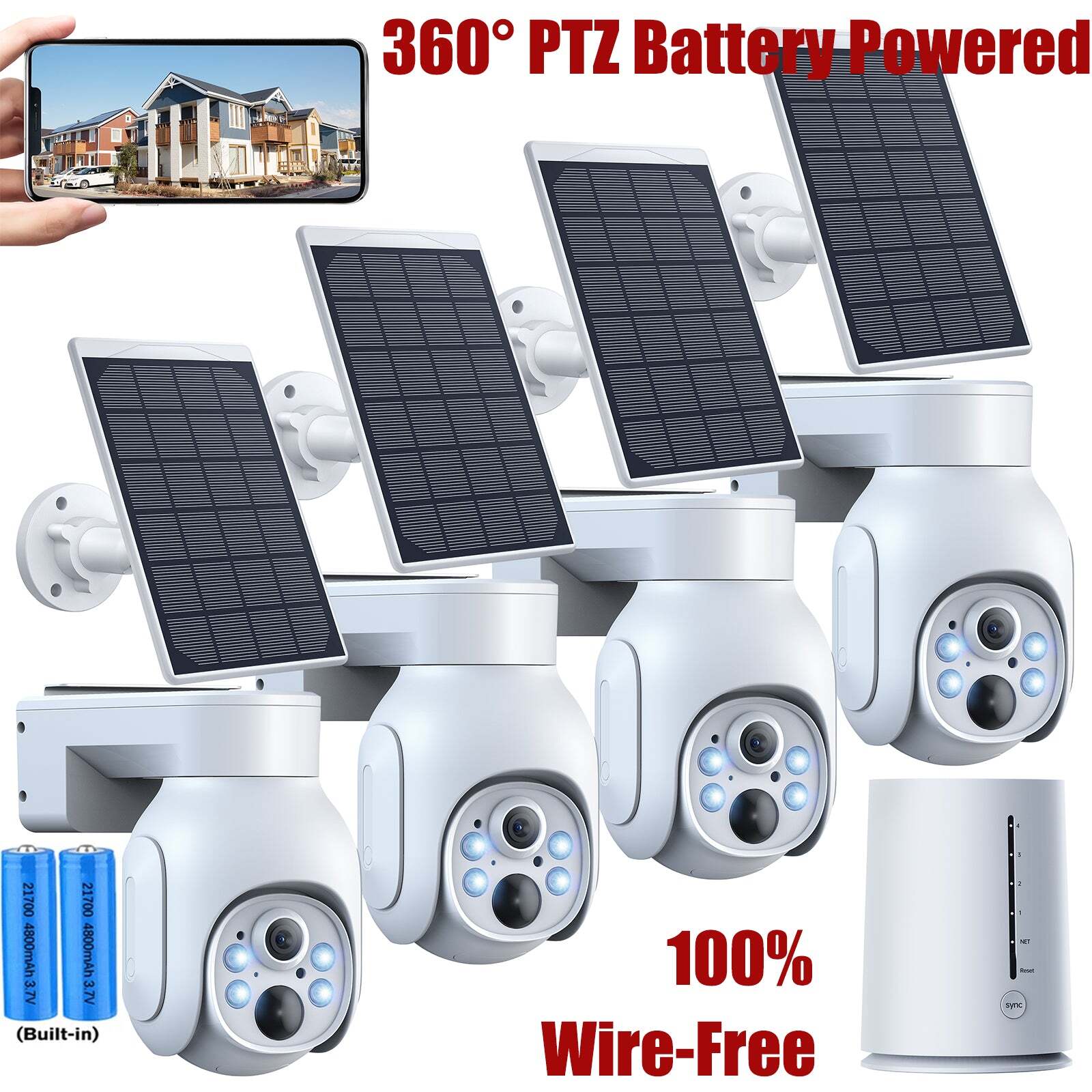 2/3/4 360°PTZ Battery Powered Wireless Solar Security Camera System Wifi Outdoor