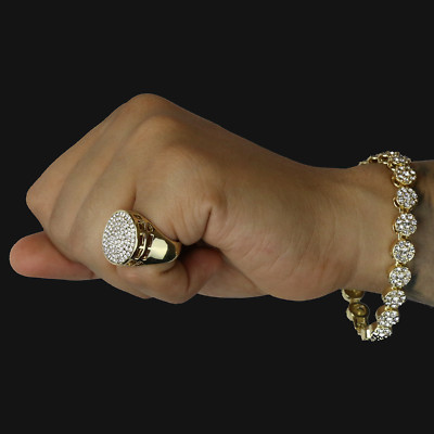 2pc Flower Bracelet Round Ring Cubic Zirconia Set Miami Link 14k Gold Plated