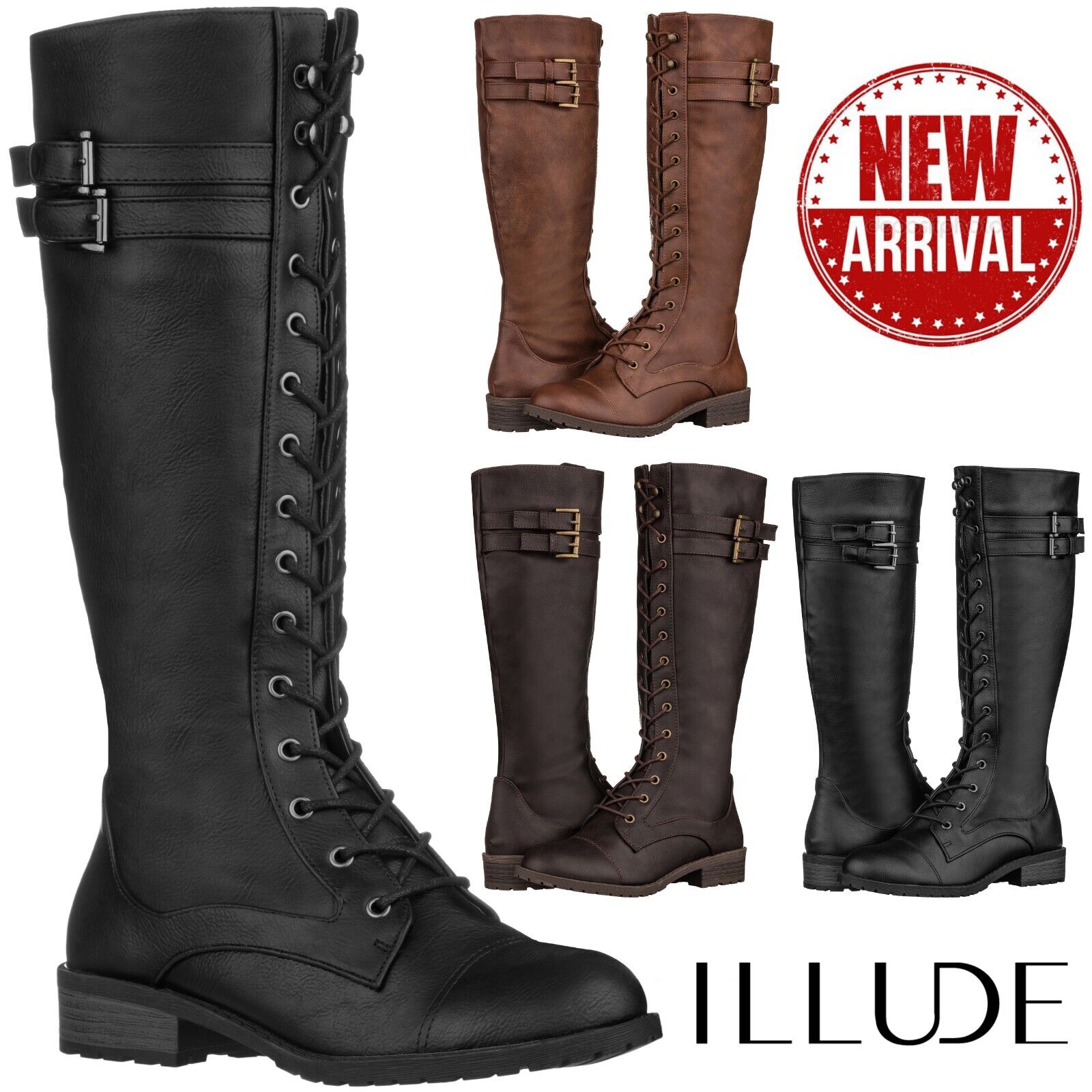 NEW Women's Knee High Riding Boot Lace Up Side Zip Military NEW Women's Knee High Riding Boot Lace Up Side Zip Military