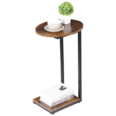 Side Table Small End Table C Shaped Coffee Sofa Table w/ Metal Frame for Bedroom