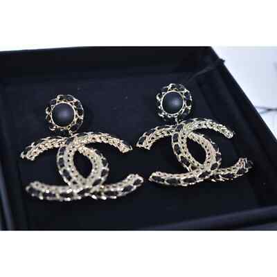 Pre-owned Chanel 22s Xl Black Leather Gold Cc Logo Chain Dangle Drop Statement Earrings