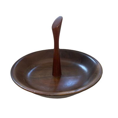 Vintage Ozark Black Walnut Round Wood Serving Tray Nut Bowl with Center Handle